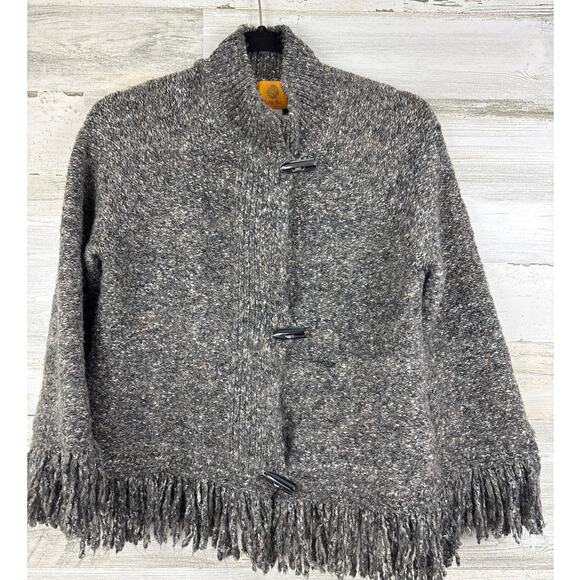 Ruby Rd womens small button up crop gray black boho fringe sweater - Picture 1 of 6